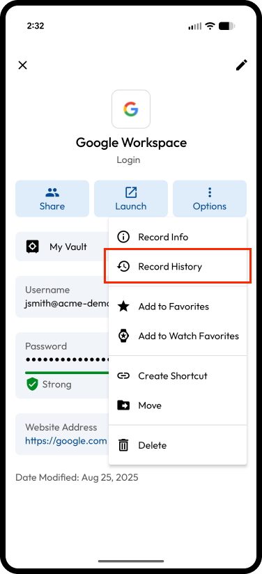 Options > Record History